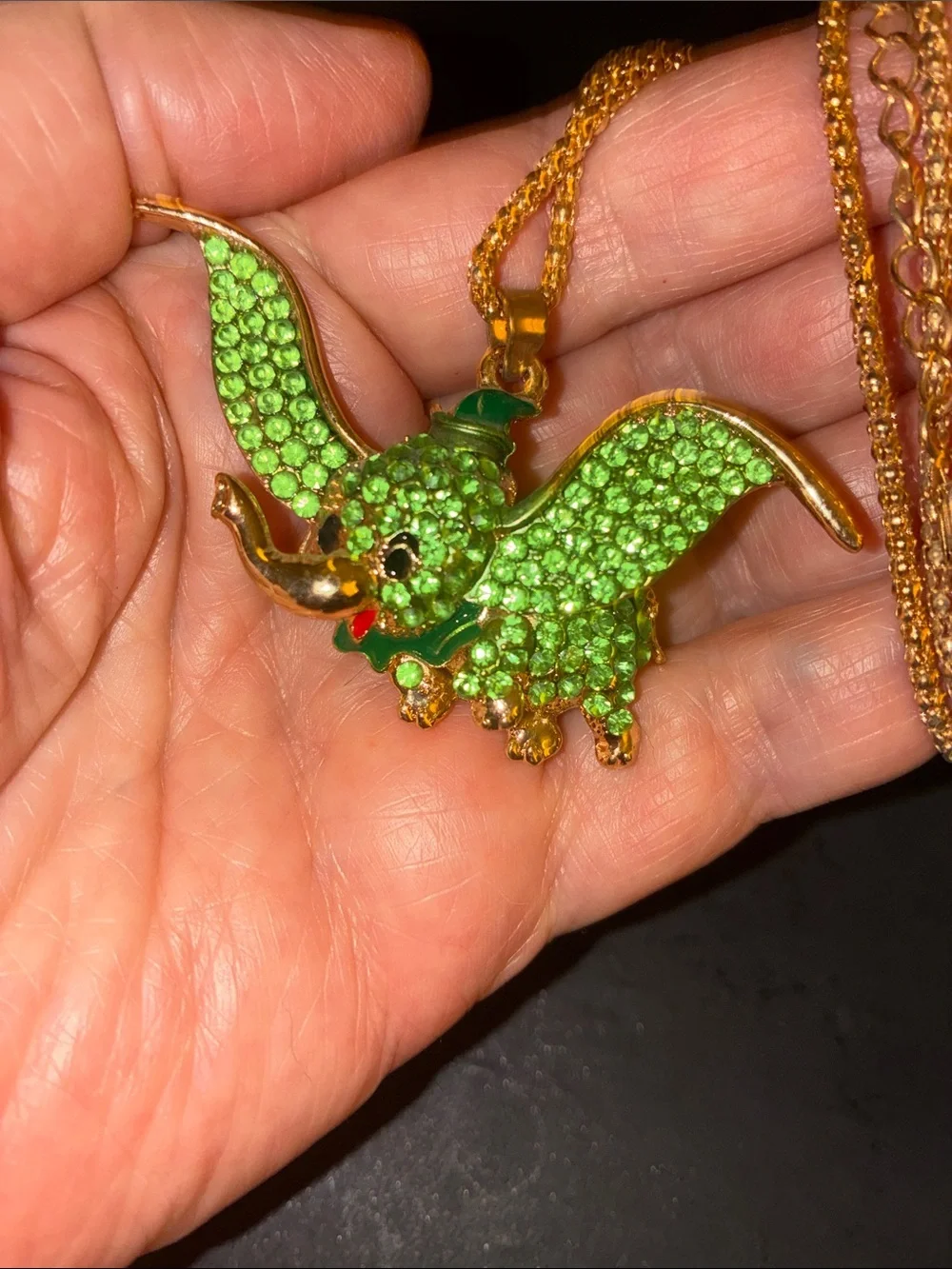 Gold-Tone Green Dumbo Pendant Vibrant Green Rhinestones